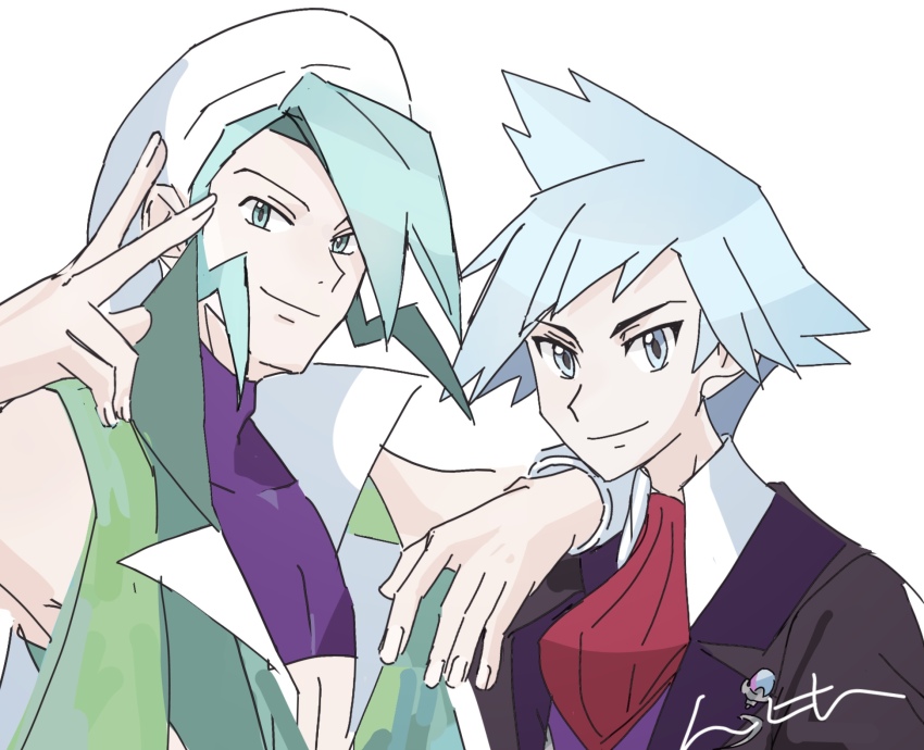 2boys 6l226 beret bracelet closed_mouth collared_shirt commentary_request cropped_shirt green_eyes green_hair green_vest hat highres jacket jewelry male_focus multiple_boys necktie nintendo pokemon pokemon_oras purple_shirt red_necktie shirt short_hair signature simple_background smile steven_stone v vest wallace_(pokemon) white_background white_hat white_shirt