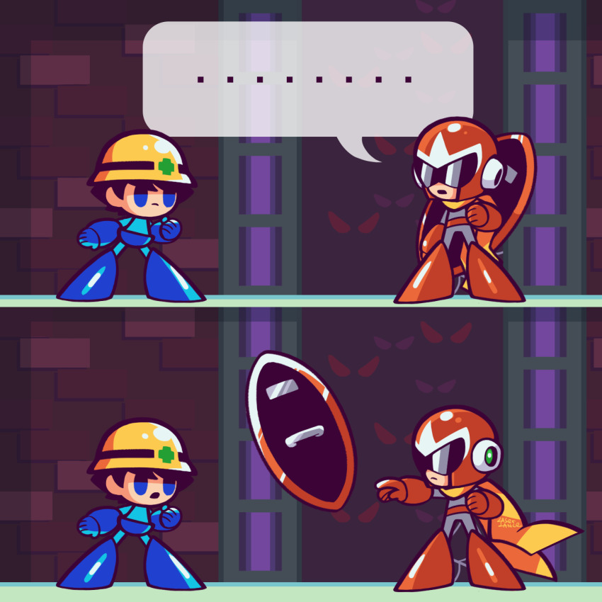 ... 2boys blue_eyes closed_mouth highres humanoid_robot laser-lance looking_at_another mega_man_(character) mega_man_(classic) mega_man_(series) mega_man_7 multiple_boys open_mouth proto_man robot scarf shield speech_bubble spoken_ellipsis yellow_scarf