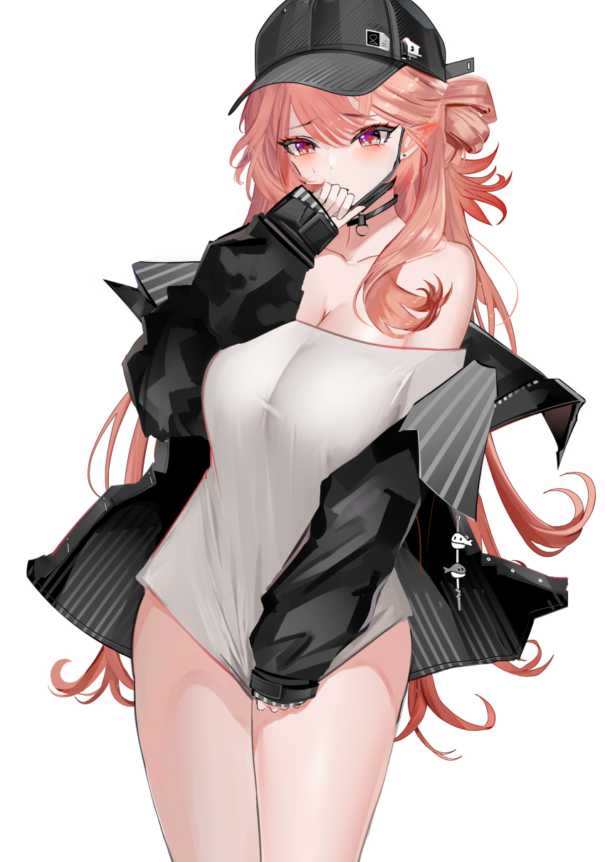 1girl arknights bare_shoulders baseball_cap black_choker black_jacket blush breasts choker cleavage collarbone covering_crotch covering_privates cowboy_shot hair_bun haruka_(arknights) hat highres jacket large_breasts long_hair long_sleeves looking_at_viewer mask mikuning mouth_mask off_shoulder open_clothes open_jacket orange_hair pink_hair purple_eyes red_eyes shirt shirt_tug simple_background solo standing thighs very_long_hair white_background white_shirt