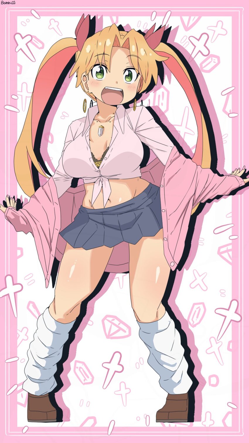 1girl :d alternate_breast_size_(larger) alternate_costume alternate_hairstyle artist_name bambi2000line black_skirt border bra bra_peek breasts brown_shoes collarbone commentary drop_shadow earrings fang full_body green_eyes groin gyaru hair_ribbon highres jacket jewelry kneehighs kogal large_breasts legs_apart light_blush loafers long_hair long_sleeves loose_socks microskirt midriff nail_polish navel necklace off_shoulder open_clothes open_jacket open_mouth orange_hair pink_border pink_jacket pink_nails pleated_skirt red_ribbon ribbon ruri_no_houseki shirt shoes simple_background skirt smile socks solo standing tanigawa_ruri teeth tied_shirt underwear upper_teeth_only white_background white_shirt white_socks wing_collar