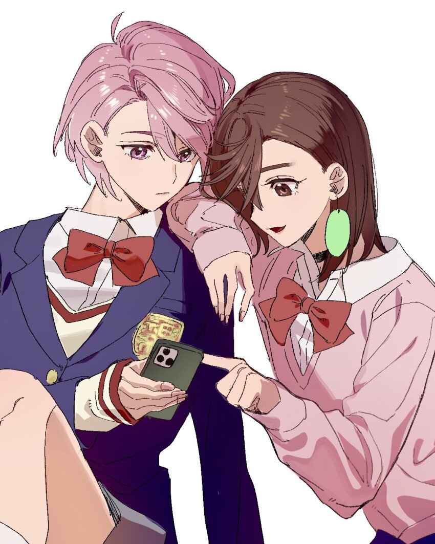 2girls ayase_momo black_choker blue_jacket bow bowtie brown_eyes brown_hair cellphone choker closed_mouth collared_shirt dandadan earrings elbow_on_another&#039;s_shoulder elbow_rest hair_behind_ear hair_between_eyes highres holding holding_phone jacket jewelry knee_up long_sleeves looking_at_phone medium_hair multiple_girls open_mouth phone pink_hair pink_sweater red_bow red_bowtie shiratori_aira_(dandadan) shirt short_hair sleeves_past_wrists sweater upper_body white_background white_shirt ycy5nljkl410219