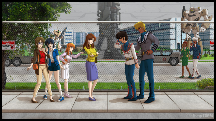 3boys 5girls battroid building car choujikuu_yousai_macross claudia_lasalle commentary embarrassed fake_screenshot fence global_j._bruno gunpod hat hayase_misa highres ichijou_hikaru kim_kamirov machinery macross mecha military military_base military_uniform motor_vehicle multiple_boys multiple_girls official_style robot robotech rodypaxten roundel roy_focker science_fiction sdf-1 shammy_milliome skirt spanish_commentary spoilers truck u.n._spacy vanessa_laird vf-1 vf-1a vf-1d window