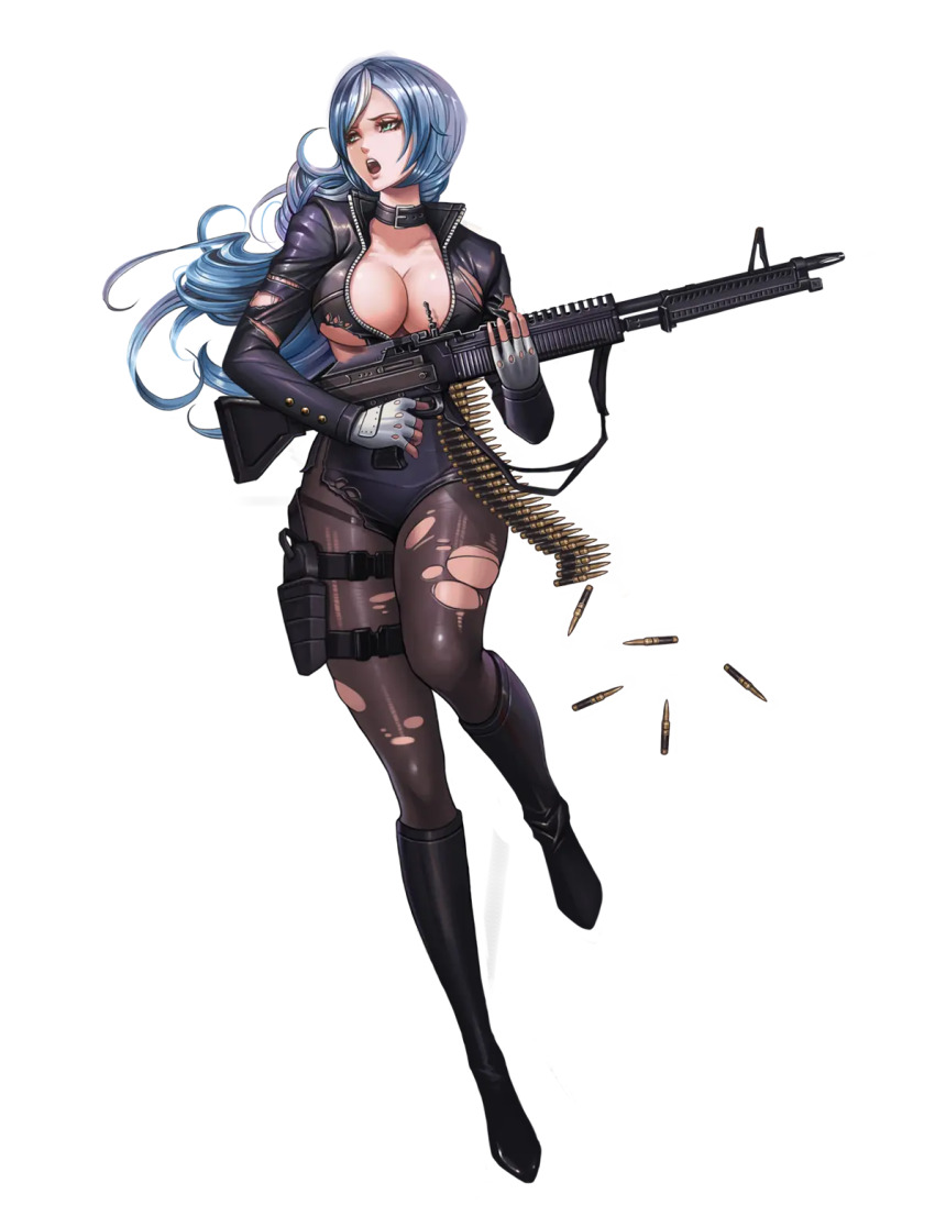 1girl 7.62x51mm_nato ammunition ammunition_belt aqua_eyes artist_request black_boots black_choker black_pantyhose blue_hair boots breasts bullet choker cleavage collarbone fingerless_gloves full_body fully_powered_cartridge game_cg general_purpose_machine_gun girls&#039;_frontline gloves gpmg_cartridge gun highres holding holding_gun holding_weapon holster large_breasts leather long_hair long_sleeves m60_(beta)_(girls&#039;_frontline) m60_(machine_gun) machine_gun medium_machine_gun open_mouth pantyhose partially_unzipped rifle_cartridge shell_casing skin_tight solo standing standing_on_one_leg teeth thigh_holster third-party_source torn_clothes torn_pantyhose transparent_background upper_teeth_only weapon