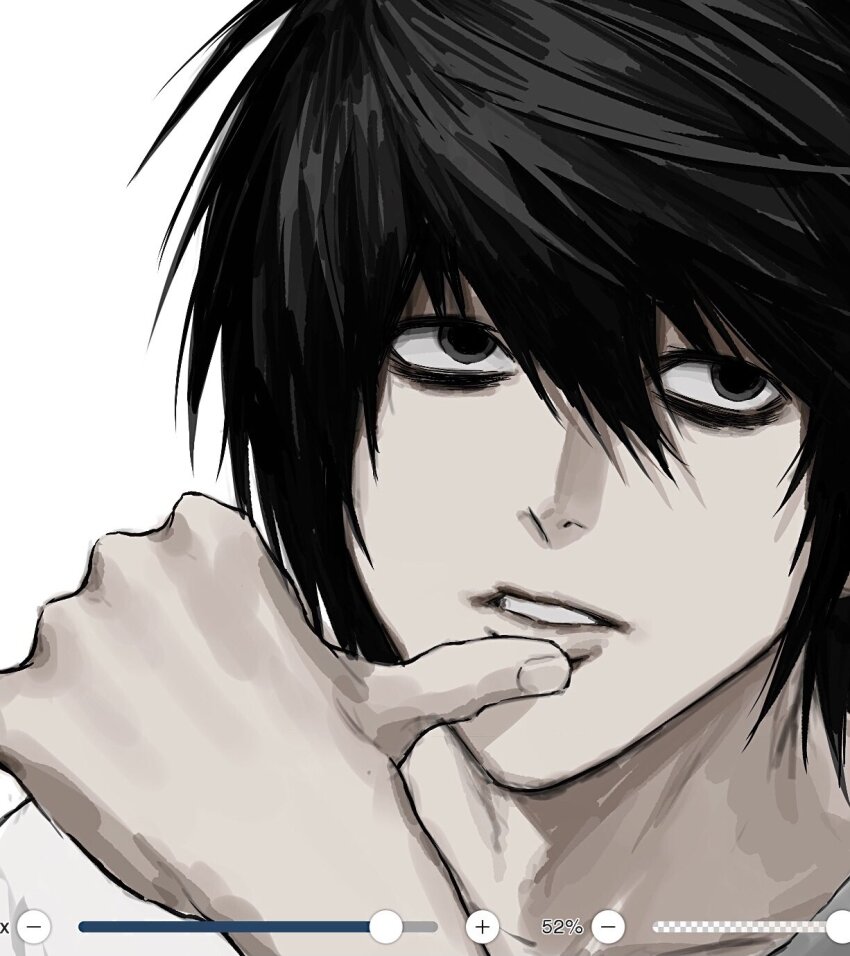 1boy arm_up bags_under_eyes black_eyes black_hair death_note hair_between_eyes highres l_(death_note) looking_up male_focus parted_lips portrait shirt simple_background solo sso_s t-shirt teeth thumb_to_mouth white_background white_shirt