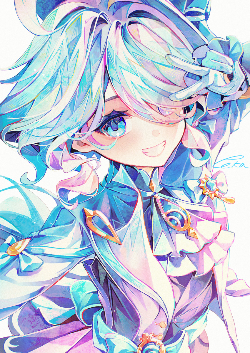 1girl absurdres ascot blue_coat blue_eyes blue_hair brooch coat commentary furina_(genshin_impact) genshin_impact gloves grin hair_over_one_eye highres jewelry long_hair long_sleeves looking_at_viewer multicolored_hair open_clothes open_coat signature simple_background smile solo streaked_hair touka_(pixiv71609120) two-tone_hair upper_body v v_over_eye white_ascot white_gloves white_hair