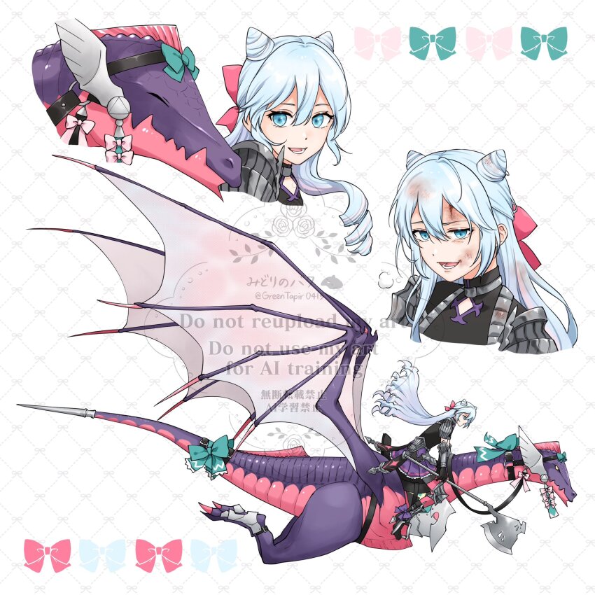 1boy 1other androgynous axe battle_axe blue_eyes blue_hair cone_hair_bun diamond_cutout drill_hair fire_emblem fire_emblem_engage hair_between_eyes hair_bun hair_horns highres holding holding_axe long_hair looking_at_viewer midori_no_baku multiple_views nintendo riding_dragon rosado_(fire_emblem) smile trap weapon