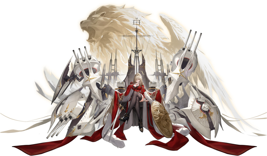 1girl absurdly_long_hair absurdres aiguillette artist_request azur_lane black_boots black_thighhighs blonde_hair boots bra breasts cannon cape cleavage clothing_cutout crossed_legs detached_sleeves dress epaulettes garter_straps gold_trim hair_between_eyes hair_ornament high_heel_boots high_heels highres large_breasts lion lion_(azur_lane) lion_shield long_hair long_sleeves machinery medal non-web_source official_art open_mouth red_cape red_dress red_sleeves rigging shield ship_turret sitting smile solo stiletto_heels sword teeth thighhighs throne transparent_background underwear very_long_hair weapon wide_sleeves winged_lion zettai_ryouiki