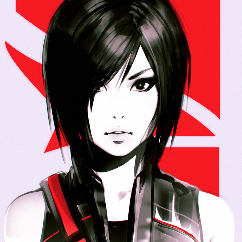 1girl bare_shoulders black_eyes black_hair facial_tattoo faith_connors female_focus hair_over_one_eye ilya_kuvshinov lips looking_at_viewer mirror&#039;s_edge mirror&#039;s_edge_(series) mirror&#039;s_edge_catalyst monochrome parted_lips partially_colored portrait short_hair solo spot_color tattoo upper_body vest
