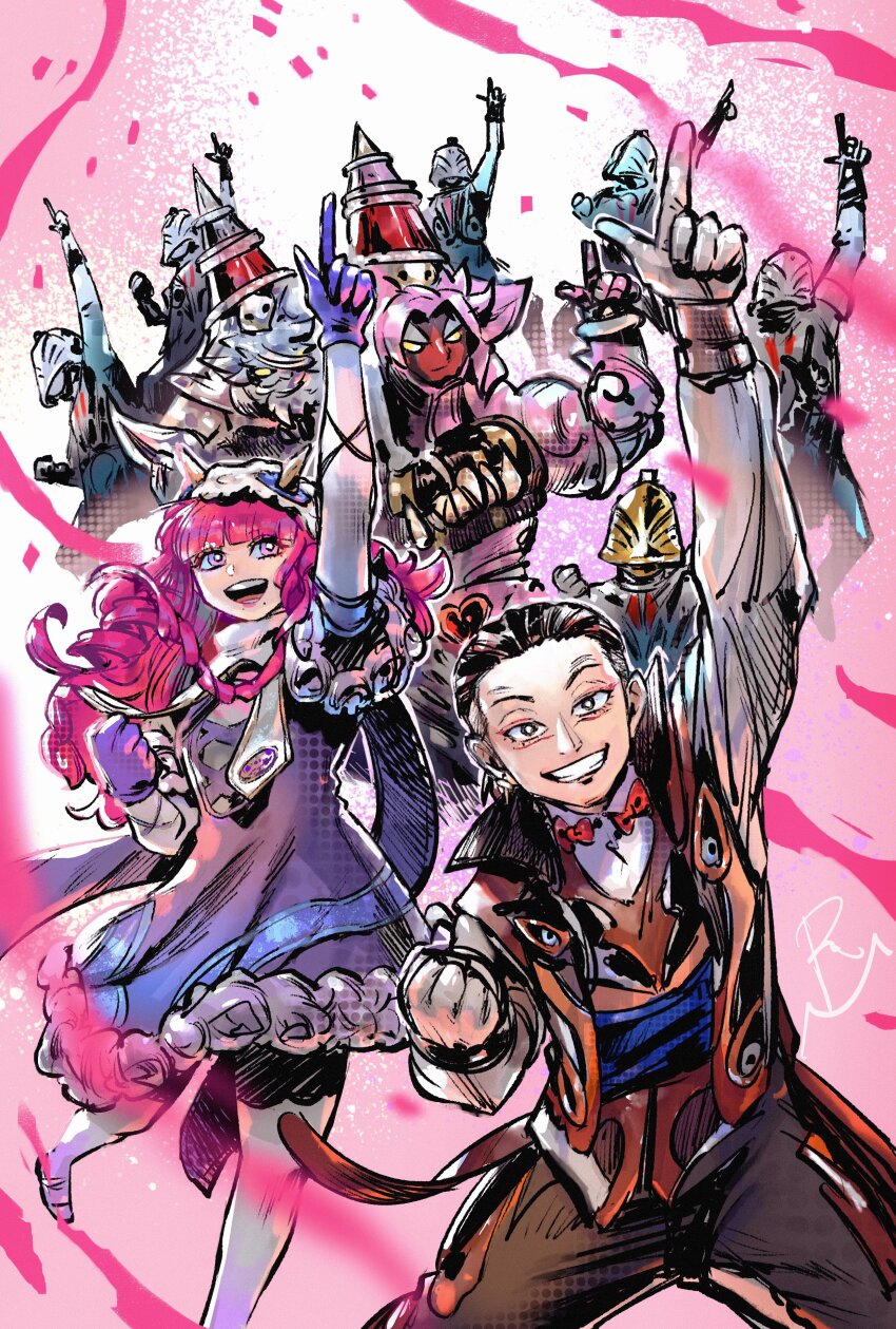 1girl 2025 20s 6+boys aaii_(no.1_sentai_gozyuger) absurdres adk-em bandai bandai_namco black_hair blurry blurry_foreground bouquet_(no.1_sentai_gozyuger) cassios_beia confetti cowboy_shot dancing dress fire_candle_(no.1_sentai_gozyuger) hair_slicked_back hand_up highres long_hair mr._shining_knife_&amp;_mrs._sweet_cake multicolored_hair multiple_boys murasaki_no_ryuuki no.1_sentai_gozyuger pink_background pink_hair purple_dress red_hair streaked_hair super_sentai toei_company tokusatsu tv_asahi twitter