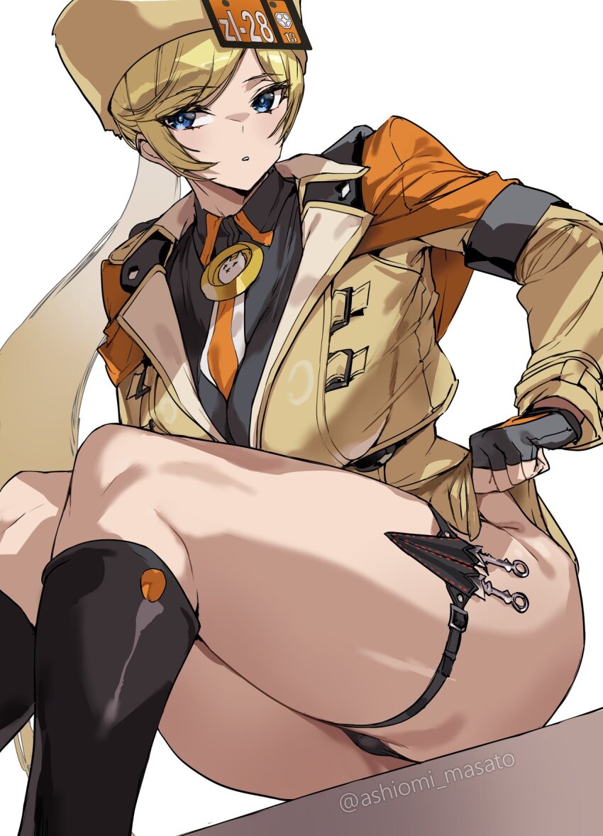 1girl ashiomi_masato black_boots blonde_hair blue_eyes boots breasts cameltoe guilty_gear guilty_gear_strive highres large_breasts legs long_hair millia_rage panties ponytail sitting solo thighs underwear upskirt