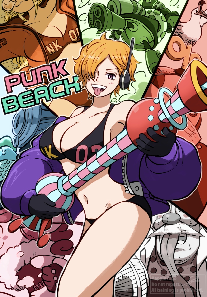 3girls 4boys apple7apo bare_legs bikini black_bikini blush breasts cleavage dr._vegapunk gloves hair_over_one_eye highres holding holding_weapon jacket large_breasts looking_at_viewer multiple_boys multiple_girls navel one_piece open_clothes open_jacket open_mouth orange_hair purple_jacket short_hair smile swimsuit teeth thighs tongue tongue_out vegapunk_atlas vegapunk_edison vegapunk_lilith vegapunk_pythagoras vegapunk_shaka vegapunk_york weapon
