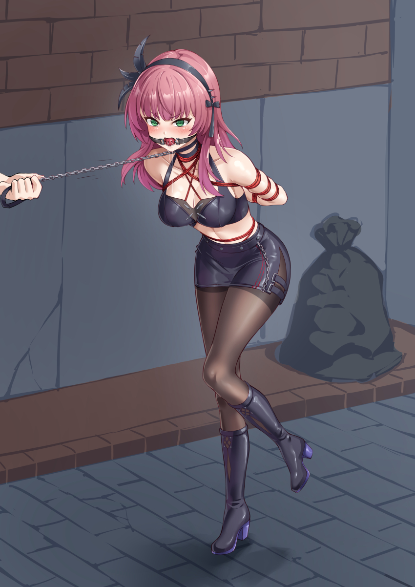 1girl absurdres alternate_costume angel_beats! arms_behind_back ball_gag bare_shoulders bdsm black_boots black_bow black_choker black_hairband black_pantyhose blunt_bangs blush bondage boots bound bound_arms bow breasts cap_(user_dxfj5558) choker cleavage collar collarbone commentary crop_top drooling eyelashes eyes_visible_through_hair feather_hair_ornament feathers figure_story full_body gag gagged green_eyes hair_bow hair_ornament hairband high_heel_boots high_heels highres knee_boots large_variant_set leaning_forward leash long_hair looking_ahead medium_breasts midriff miniskirt mouth_drool nakamura_yuri pantyhose pencil_skirt public_indecency purple_hair saliva shibari shibari_over_clothes shorts side_slit skindentation skirt solo standing standing_on_one_leg thighband_pantyhose v-shaped_eyebrows variant_set wiffle_gag