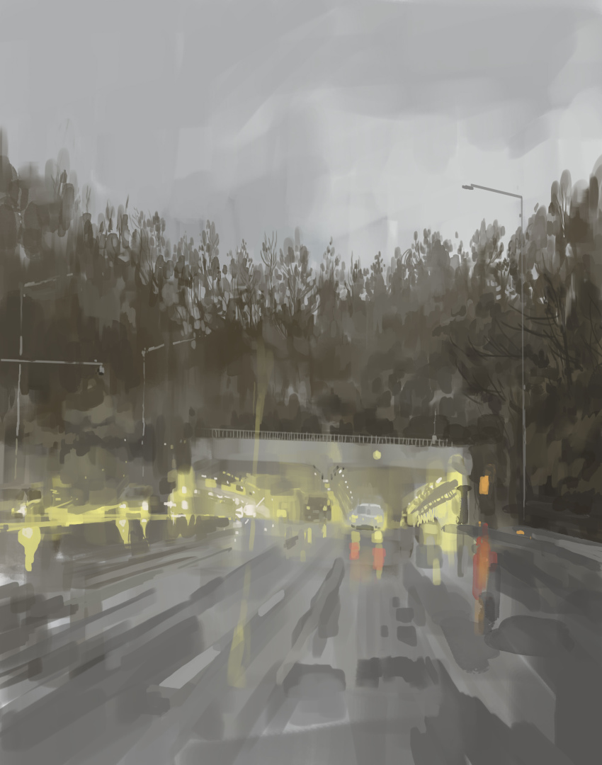 absurdres car day forest grey_sky headlight_beam highres highway motor_vehicle nature original outdoors painting_(medium) road scenery shadow sky slow_d traditional_media traffic tree tunnel