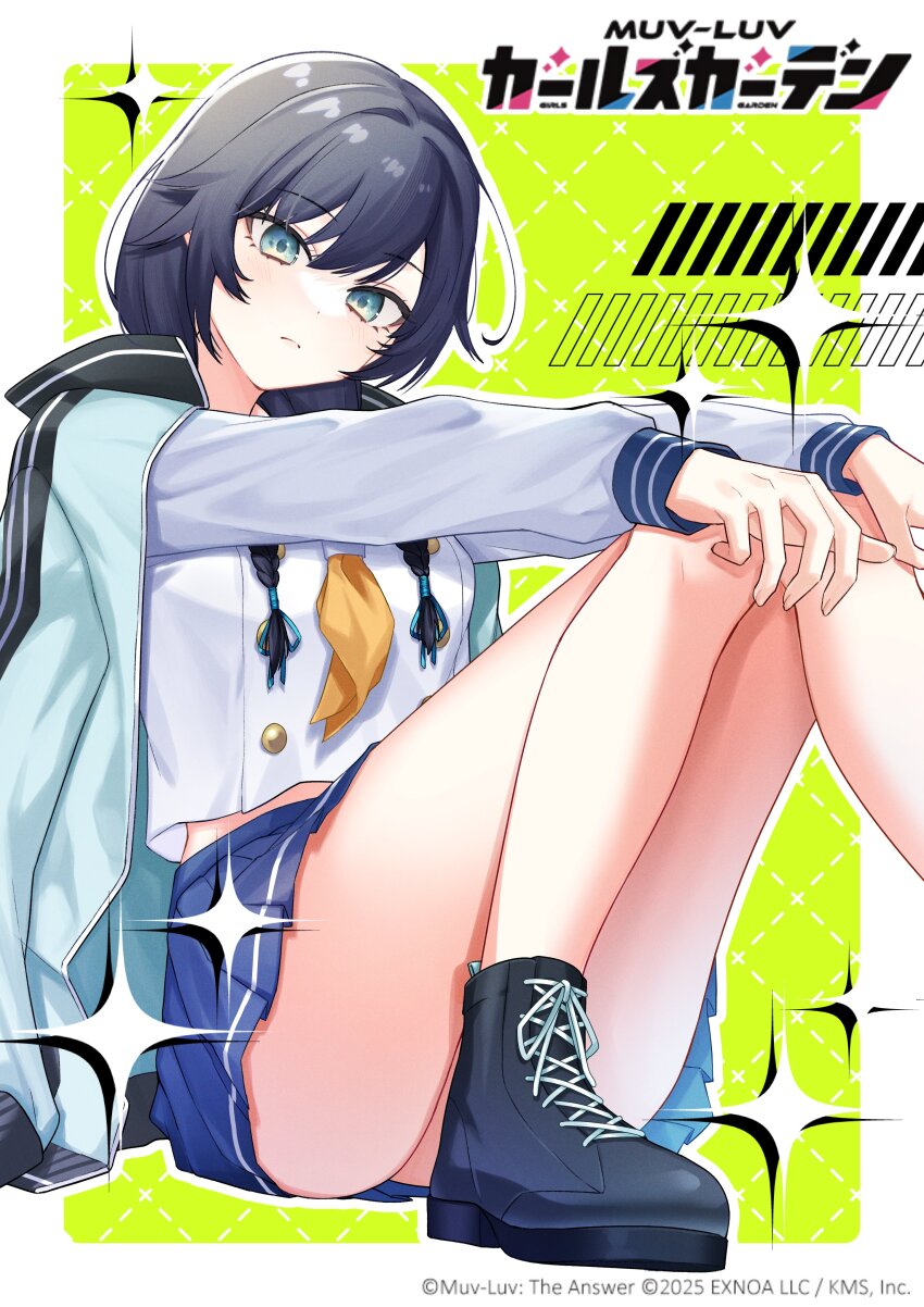 1girl 2025 absurdres aqua_jacket artist_request black_hair black_shoes blue_skirt border braid closed_mouth copyright_logo copyright_name copyright_notice highres himukai_shinka jacket jacket_on_shoulders knees_up logo long_hair low_twin_braids muv-luv muv-luv_girls_garden neckerchief official_art outside_border school_uniform shirt shoes sitting skirt solo sparkle twin_braids white_border white_shirt yellow_neckerchief