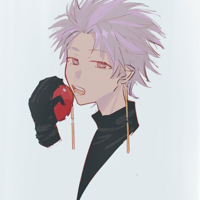 1boy apple black_gloves black_shirt bright_pupils commentary_request cropped_shoulders food fruit gloves grey_background hai_(1210080) highres holding holding_food holding_fruit male_focus open_mouth pink_hair red_eyes saibou_shinkyoku shirt short_hair simple_background sketch solo theodore_riddle white_pupils