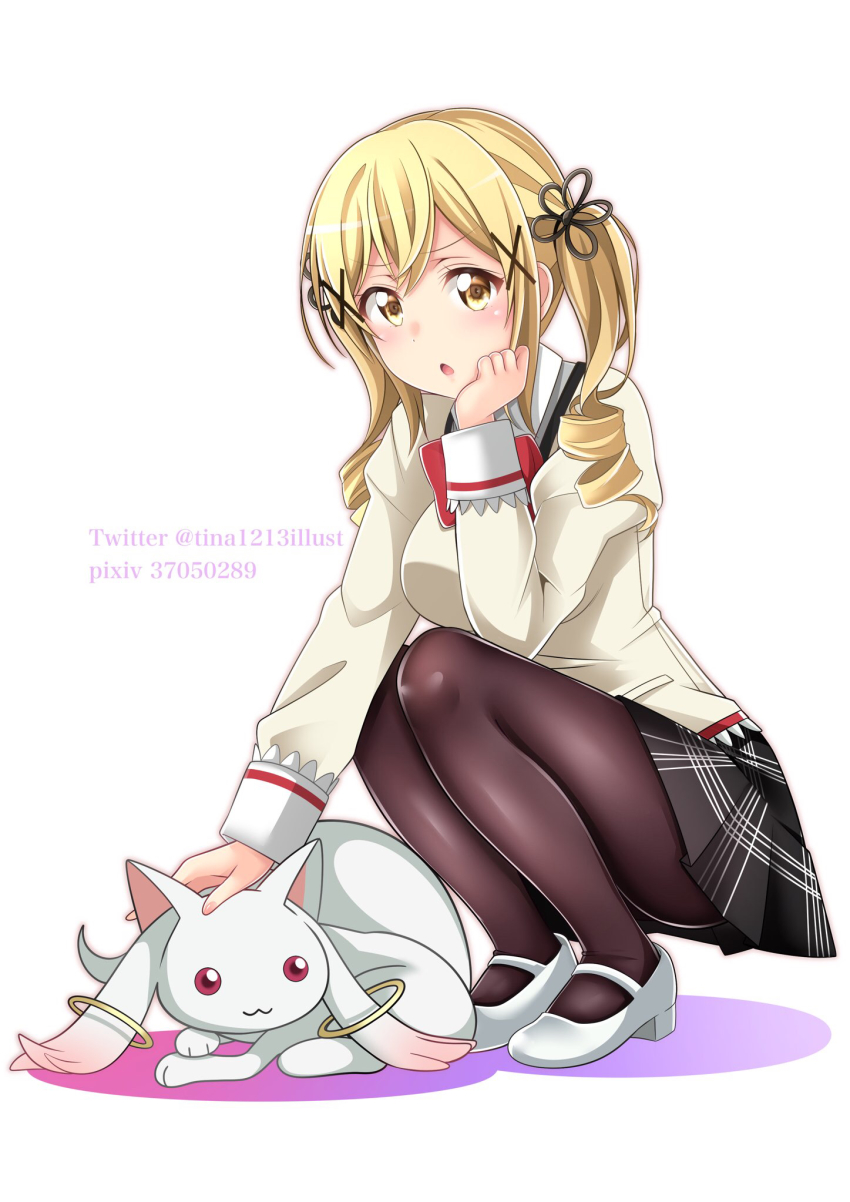 1girl animal bang_dream! black_pantyhose black_ribbon black_skirt blonde_hair blush bow bowtie breasts commentary_request cosplay crossover drill_hair drill_sidelocks frills full_body hair_ornament hair_ribbon head_rest highres ichigaya_arisa jacket juliet_sleeves kyubey long_sleeves looking_at_viewer mahou_shoujo_madoka_magica mahou_shoujo_madoka_magica_(anime) mary_janes medium_breasts medium_hair miniskirt mitakihara_school_uniform open_mouth pantyhose petting pixiv_id pleated_skirt puffy_sleeves red_bow red_bowtie ribbon school_uniform shadow shoes sidelocks simple_background skirt solo squatting tina1213 tomoe_mami tomoe_mami_(cosplay) twintails twitter_username white_background white_jacket white_shoes wrist_cuffs x_hair_ornament yellow_eyes
