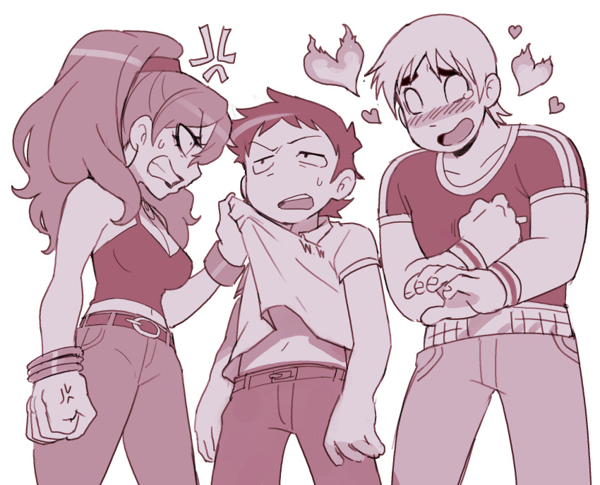 1girl 2boys angry belt blush bracelet breasts cleavage clenched_teeth clothes_grab commentary_request envy_adams heart highres implied_cheating_(relationship) implied_yaoi jealous jewelry long_hair monochrome multiple_boys open_mouth pants ponytail sanjiro_(tenshin_anman) scott_pilgrim_(series) scott_pilgrim_takes_off shirt shirt_grab sweatdrop tears teeth todd_ingram wallace_wells white_background
