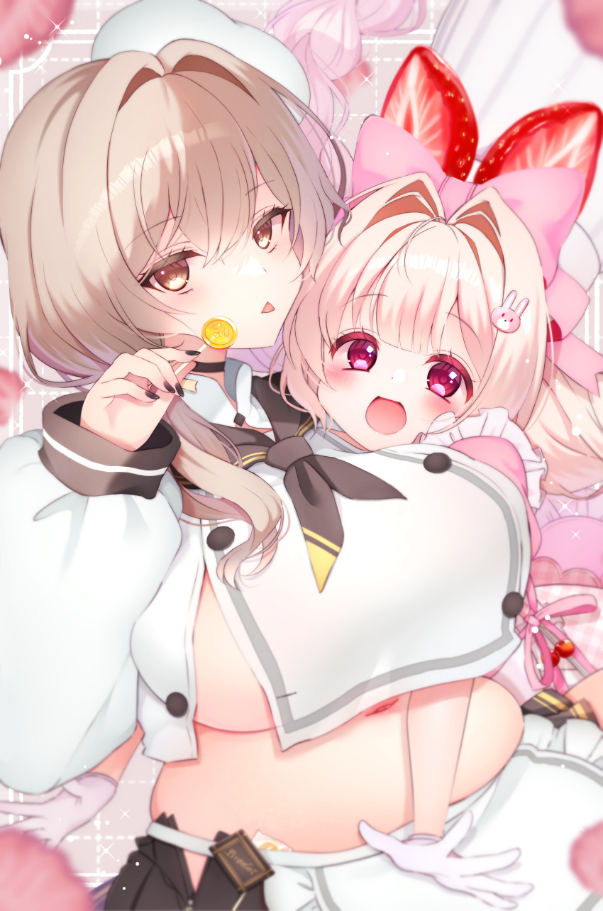 17ho_10ban 2girls absurdres apron black_nails black_neckerchief bow bready_(nikke) breasts brown_hair candy chef_hat crust_(nikke) food food-themed_hair_ornament gloves goddess_of_victory:_nikke hair_ornament hat highres hug large_breasts lollipop looking_at_viewer multiple_girls neckerchief open_mouth parted_lips pink_bow plump rabbit_hair_ornament red_eyes shirt strawberry_hair_ornament white_apron white_gloves white_hat white_shirt