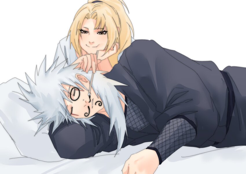 1boy 1girl bed blonde_hair cokiebeard facepaint facial_mark highres japanese_clothes jiraiya_(naruto) long_hair naruto_(classic) naruto_(series) on_bed sleeping smile tsunade_(naruto) white_hair