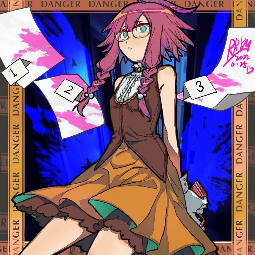 1girl arknights artist_name bare_shoulders blush braid brown_vest caution_tape commentary_request dated dress glasses gloves green_eyes gun heart highres holding holding_gun holding_weapon may_(arknights) orange_dress pink_hair red-framed_eyewear rryy semi-rimless_eyewear solo twin_braids vest weapon white_gloves