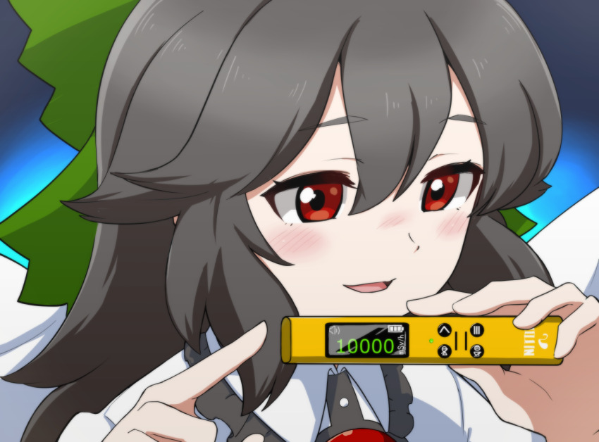 1girl black_hair blue_background blush bow collared_shirt commission frilled_shirt_collar frills geiger_counter green_bow hair_between_eyes hair_bow holding long_hair looking_to_the_side open_mouth pointing portrait radiation red_eyes reiuji_utsuho shirt sidelocks skeb_commission smile solo touhou uisu_(noguchipint) white_shirt