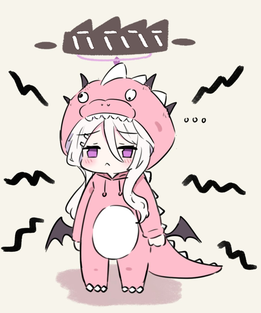 1girl :&lt; blue_archive blush demon_wings dinosaur dinosaur_costume e_v_e_neko halo hina_(blue_archive) sad simple_background tagme white_hair wings