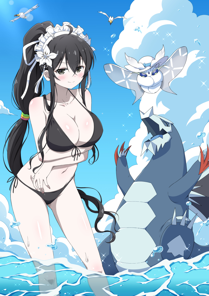 1girl ^_^ absurdres alternate_hairstyle arm_under_breasts armpit_crease arms_under_breasts baxcalibur bikini bird black_bikini black_hair blue_ribbon blue_sky blush body_blush breasts bug claws cleavage closed_eyes closed_mouth cloud collarbone commentary_request commission crossed_arms cumulonimbus_cloud dragon eggman_(ni_tamagoex) flower fluffy flying front-tie_bikini_top front-tie_top frosmoth fubuki_(senran_kagura) gen_3_pokemon gen_8_pokemon gluteal_fold groin hair_between_eyes hair_flower hair_ornament hair_ribbon happy hat hat_ribbon high_ponytail highres insect large_breasts lens_flare lily_(flower) long_hair looking_at_viewer low-tied_long_hair maid_headdress moth navel nintendo ocean open_mouth outdoors pale_skin pokemon pokemon_(creature) ponytail ribbon scarf seagull senran_kagura senran_kagura_new_link shiny_skin side-tie_bikini_bottom sidelocks skeb_commission sketch sky smile solo sparkle spines spinosaurus splashing standing sunlight swimsuit very_long_hair water water_drop wet white_background white_flower white_lily white_scarf wingull