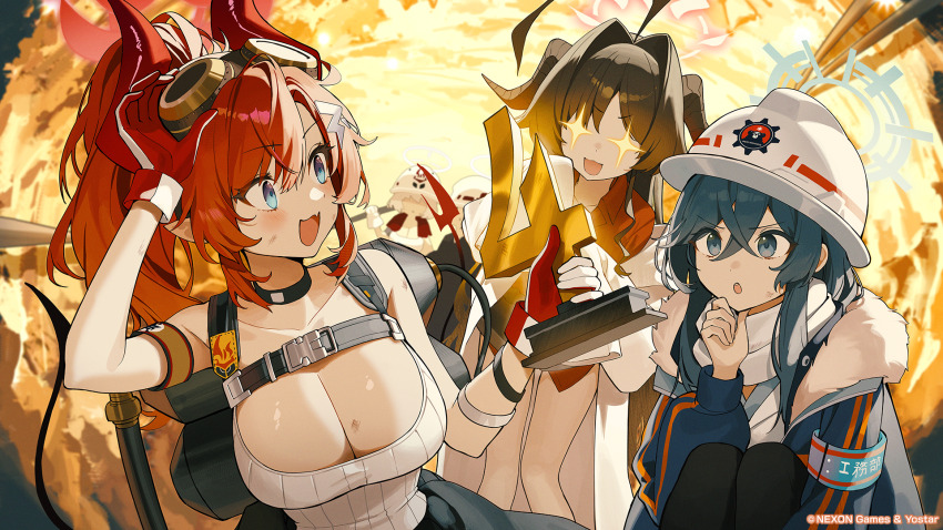 3girls :3 adjusting_eyewear ahoge anniversary black_horns blue_archive blue_eyes breasts brown_hair cleavage coat crossed_bangs demon_girl demon_horns demon_tail gloves goggles goggles_on_head green_hair hair_between_eyes hair_intakes hair_ornament hard_hat hat helmet highres holding holding_trophy horns kasumi_(blue_archive) lab_coat large_breasts long_hair megu_(blue_archive) minori_(blue_archive) multiple_girls official_art pro-p red_gloves red_hair red_horns red_shirt shirt sparkling_eyes tail tank_top trophy two-tone_gloves white_coat white_gloves white_hat white_tank_top