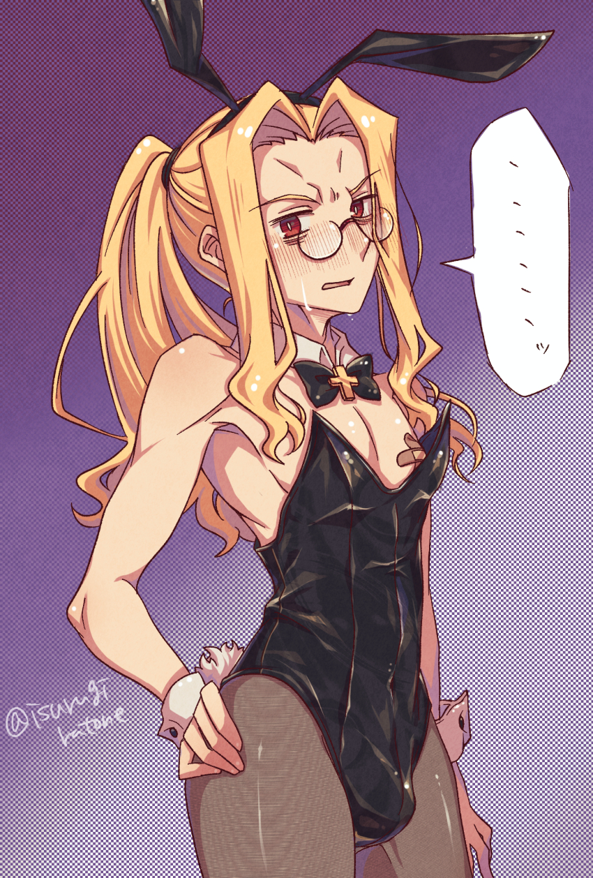 1boy animal_ears bandaid bandaids_on_nipples blonde_hair blush bulge crossdressing crossdressing_(mtf) fake_animal_ears glasses hand_on_own_hip highres isurugiratone long_hair looking_at_viewer male_focus male_playboy_bunny michael_roa_valdamjong michael_roa_valdamjong_(human) pasties pectorals ponytail rabbit_ears red_eyes sweat tsukihime wide_hips