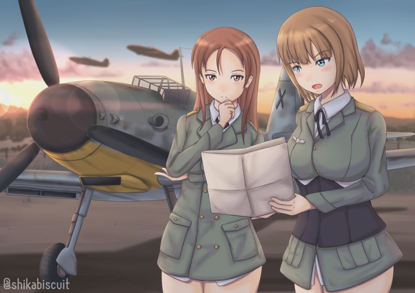 2girls aircraft airplane blue_eyes blush brave_witches breasts brown_hair cloud corset green_jacket gundula_rall hand_on_own_chin highres holding jacket large_breasts long_hair messerschmitt_me109 military military_uniform minna-dietlinde_wilcke multiple_girls no_panties open_mouth outdoors paper red_eyes red_hair shikabiscuit short_hair standing strike_witches sunset twitter_username world_witches_series
