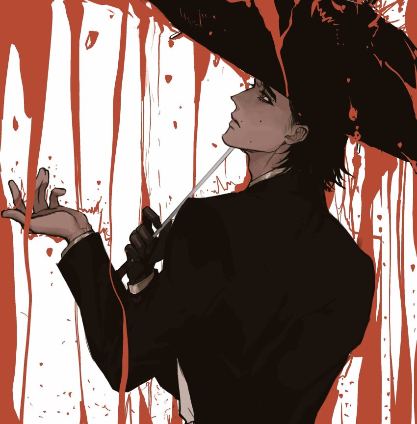 arm_up back bishounen black_gloves black_hair black_suit black_umbrella blood blood_drop closed_mouth flu70579711 formal_clothes gloves grey_eyes highres holding holding_umbrella looking_up male_focus mature_male medium_hair rain ryuu_ga_gotoku_(series) ryuu_ga_gotoku_0 single_glove suit tachibana_tetsu umbrella white_background