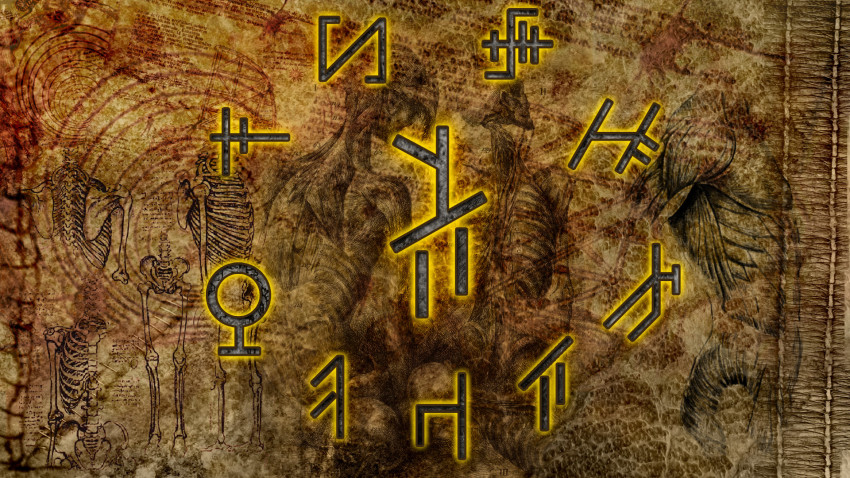 anatomy biology bone brain eternal_darkness:_sanity&#039;s_requiem glyph greg_boechler highres muscular nintendo runes sigils silicon_knights skeleton text_focus