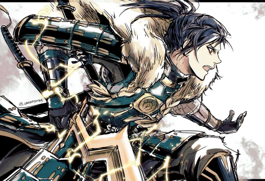 1boy armor armored_gloves black_gloves black_shirt blue_hair commentary dark_blue_hair dou electricity feet_out_of_frame felix_hugo_fraldarius fire_emblem fire_emblem:_three_houses fur_trim gloves holding holding_sword holding_weapon japanese_armor katana kote kusazuri levin_sword looking_ahead male_focus nintendo open_mouth orange_eyes outstretched_arm ponytail profile shirt shoulder_armor single_sode sode solo sword tassel teeth turtleneck twitter_username umi_(_oneinchswing) undershirt upper_teeth_only weapon white_background white_fur