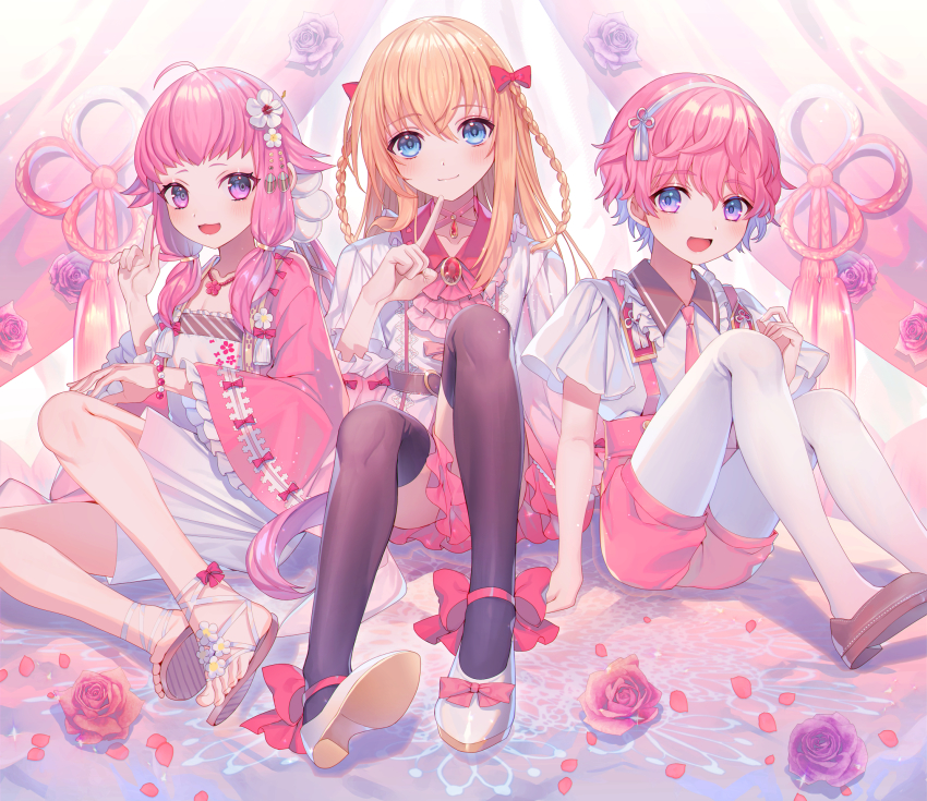 3boys :d abandon_ranka ahoge akita_toushirou black_legwear blonde_hair blue_eyes bow bracelet braid chatan_nakiri ascot curtains feet flower frilled_skirt frilled_sleeves frills hair_bow hair_flower hair_ornament highres index_finger_raised jewelry kiwame_(touken_ranbu) pantyhose_under_shorts loafers male_focus midare_toushirou multiple_boys necktie open_mouth pantyhose petals pink_eyes pink_flower pink_hair pink_rose ponytail rose sandals shoe_soles shoes shorts sidelocks sitting skirt smile suspender_shorts suspenders thighhighs toes touken_ranbu trap twin_braids white_legwear wide_sleeves