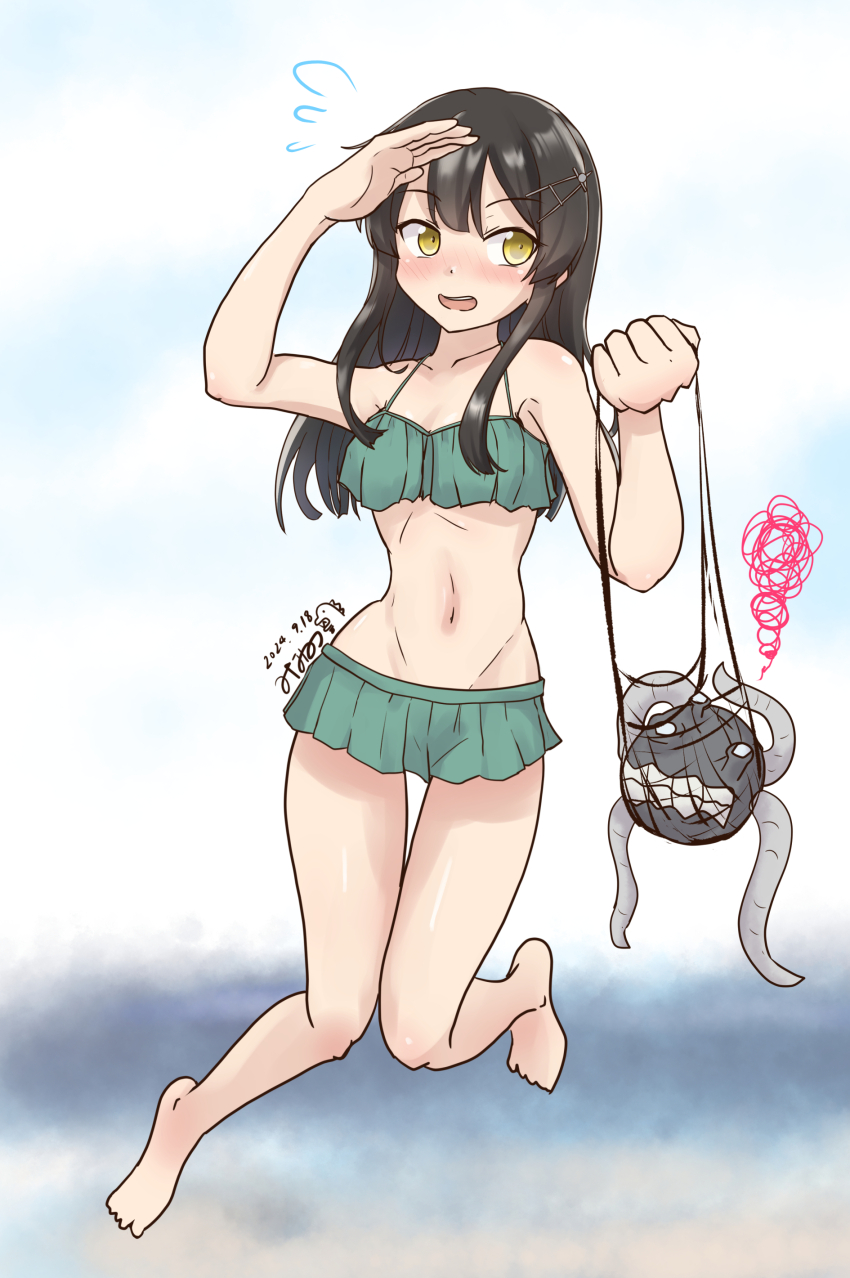 1girl absurdres abyssal_ship barefoot bikini bikini_skirt black_hair commentary_request cosplay enemy_naval_mine_(kancolle) frilled_bikini frills green_bikini groin highres kantai_collection kasumi_(kancolle) kasumi_(kancolle)_(cosplay) kasumi_kai_ni_(kancolle) kasumi_kai_ni_(kancolle)_(cosplay) kasumi_kai_ni_(swimsuit)_(kancolle) long_hair minamino navel one-hour_drawing_challenge oyashio_(kancolle) swimsuit teeth tentacles translation_request yellow_eyes