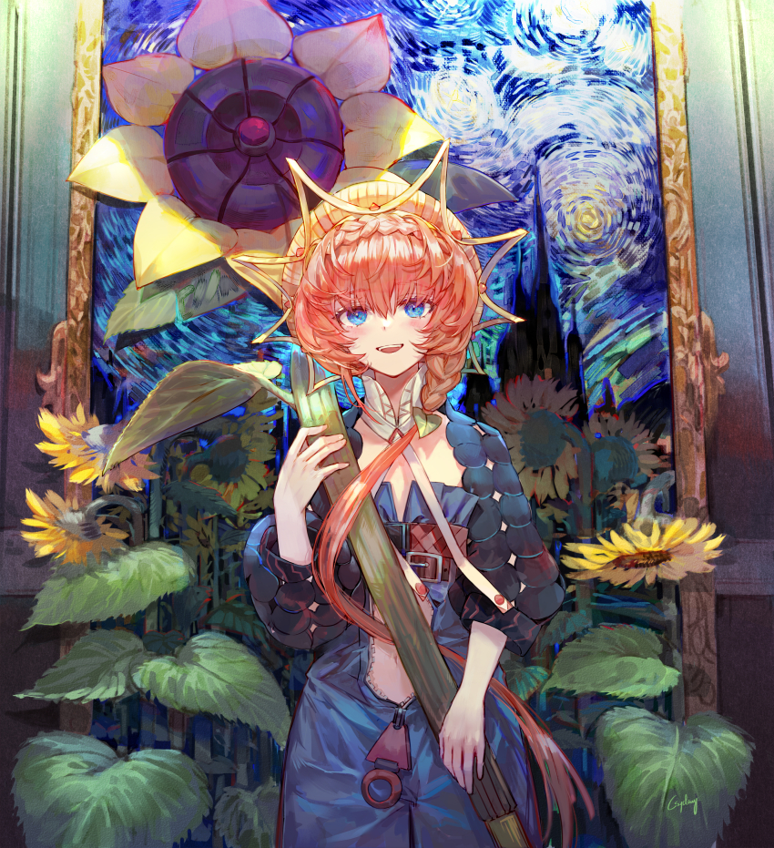 1girl absurdres artist_name belt blue_eyes blush braid brown_hair commentary_request cowboy_shot crown_braid csyday fate/grand_order fate_(series) flower hand_up hat highres holding long_hair looking_at_viewer navel open_mouth orange_hair painting_(object) revision ribbon short_hair side_braid signature smile solo starry_night_(van_gogh) sunflower teeth upper_teeth_only van_gogh_(fate) van_gogh_(first_ascension)_(fate) yellow_flower yellow_hat zipper_pull_tab