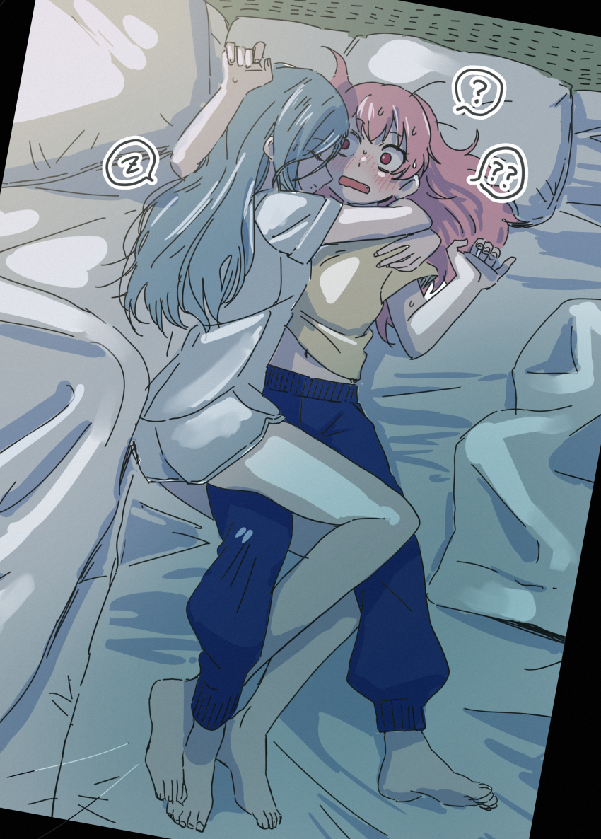 2girls ? absurdres barefoot blue_hair blue_pants blush closed_eyes closed_mouth codeyamada commentary_request cuddling fang futon highres hinomori_shizuku long_hair lying momoi_airi multiple_girls nervous_sweating on_back on_bed open_mouth pants pillow pink_hair project_sekai red_eyes shirt short_sleeves shorts spoken_question_mark spoken_zzz sweat toes white_shirt white_shorts yellow_shirt yuri zzz