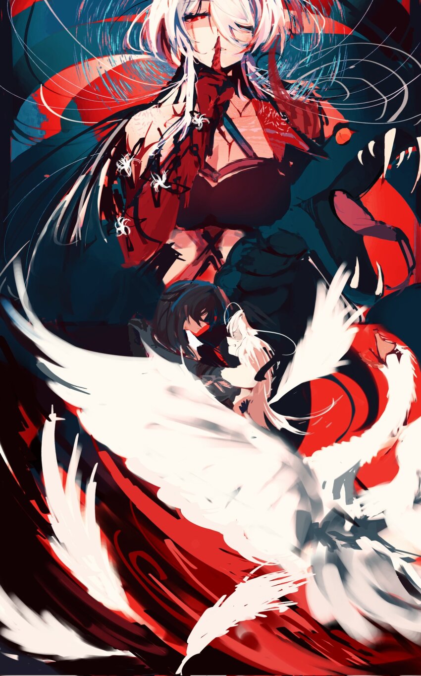 2girls acheron_(honkai:_star_rail) armor arms_on_another&#039;s_shoulder bird black_sleeves black_swan_(honkai:_star_rail) blood bloody_tears body_markings breasts cleavage clenched_teeth closed_mouth coat colored_extremities commentary criss-cross_halter detached_sleeves dual_persona english_commentary finger_to_mouth flower hair_over_one_eye halterneck highres honkai:_star_rail honkai_(series) large_breasts long_hair looking_at_another looking_at_viewer multiple_girls official_alternate_color parted_lips red_eyes rt_nameless serious shoulder_armor shushing sidelocks single_bare_shoulder swan teeth very_long_hair white_bird white_coat white_flower white_hair wide_shot yuri