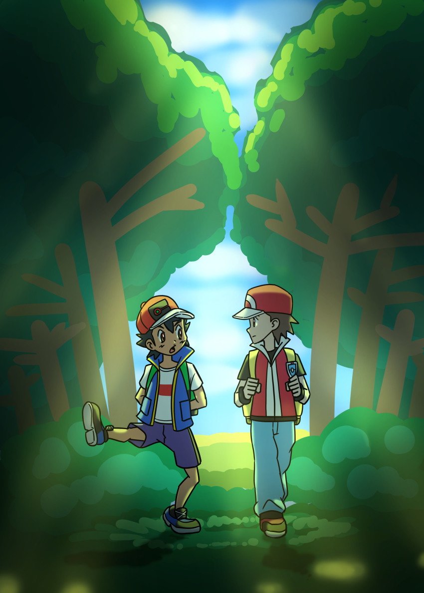 2boys absurdres ash_ketchum backpack bag baseball_cap black_footwear black_hair blue_pants blue_vest brown_eyes brown_hair day eye_contact forest full_body hands_in_pockets hat highres holding_strap jacket leg_up looking_at_another multiple_boys nature nintendo open_mouth pants pokemon pokemon_(anime) pokemon_frlg pokemon_journeys red_(pokemon) red_(pokemon_frlg) red_headwear red_jacket shirt short_hair short_sleeves shorts vest white_shirt