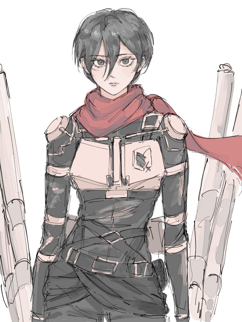 1girl belt black_eyes black_hair dongyoo hair_between_eyes highres looking_at_viewer mikasa_ackerman red_scarf scarf shingeki_no_kyojin short_hair solo