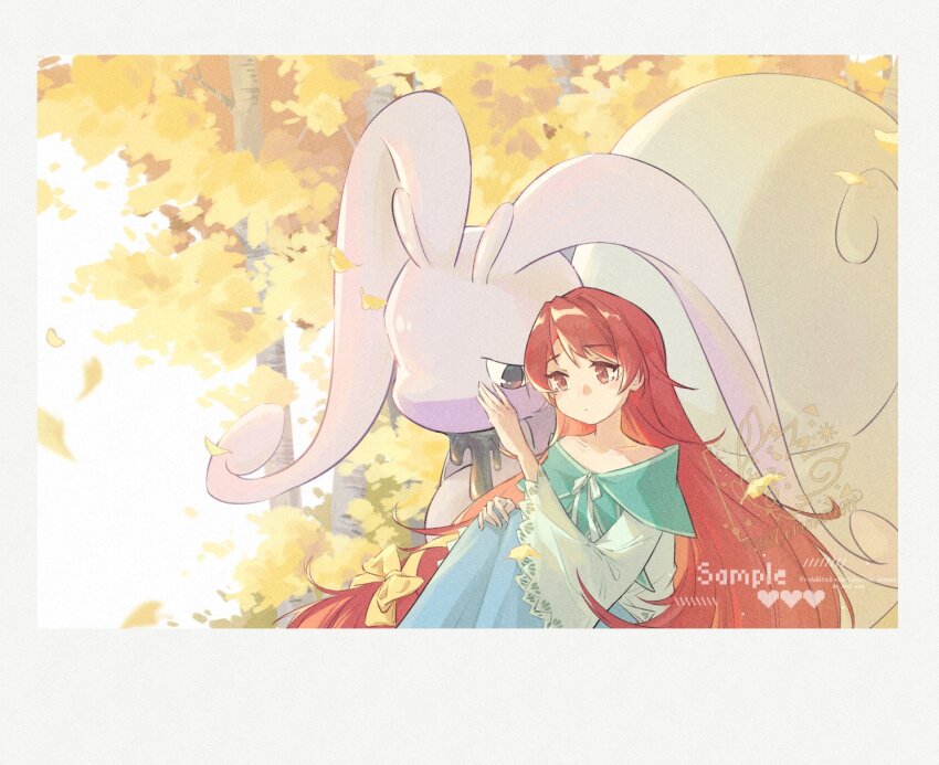 1girl blue_skirt bow closed_mouth commission creatures_(company) dot_mouth game_freak green_shirt grey_eyes highres hisuian_goodra long_sleeves looking_at_another nintendo outdoors pokemon pokemon_(creature) red_eyes red_hair robinlovesop shell shirt skirt slime_(substance) snail upper_body white_background yellow_bow