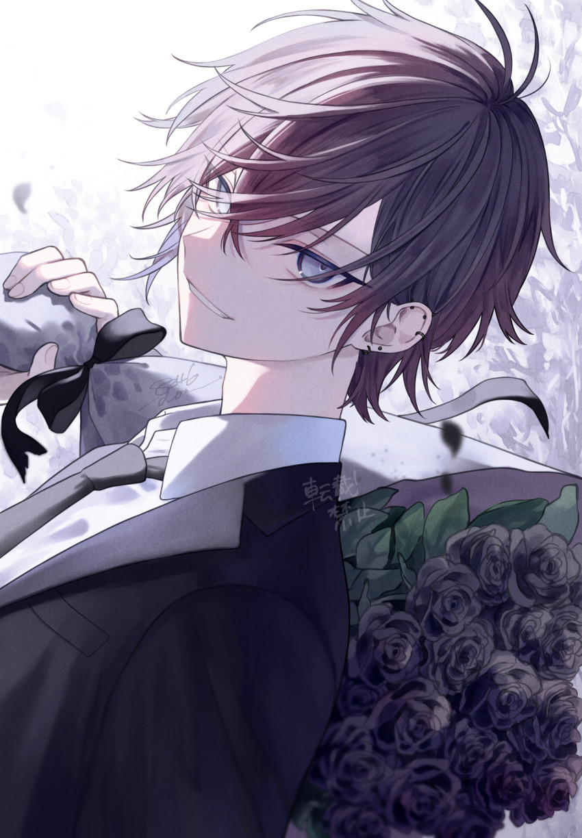 1boy black_flower black_jacket black_necktie black_rose bouquet brown_hair collared_shirt commentary_request dutch_angle earrings film_grain flower grey_eyes grin hair_between_eyes highres holding holding_bouquet jacket jewelry lapels male_focus muta_(82y_46p) necktie notched_lapels original rose shirt short_hair smile solo stud_earrings upper_body white_shirt