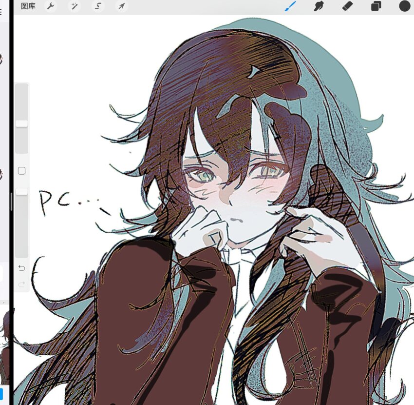 ... 1girl black_hair black_jacket blush character_name closed_mouth collared_shirt degrees_of_lewdity freesia_quan green_eyes grey_background highres jacket kylar_(degrees_of_lewdity) kylar_(female)_(degrees_of_lewdity) long_hair long_sleeves looking_at_viewer player_character_(degrees_of_lewdity) shirt sketch solo spoken_ellipsis wavy_hair white_shirt