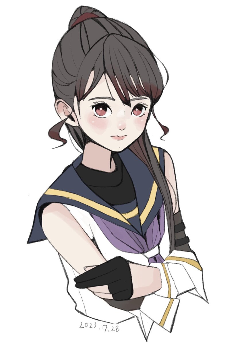 1girl assault_lily black_gloves black_hair black_shirt blue_sailor_collar blush bright_pupils closed_mouth commentary cropped_torso crossed_arms dated detached_sleeves gloves gradient_hair hair_over_shoulder half_gloves high_ponytail highres layered_sleeves long_hair long_sleeves looking_at_viewer multicolored_hair nagasawa_yuki_(assault_lily) neckerchief odaiba_girls_high_school_uniform partially_fingerless_gloves ponytail purple_neckerchief red_eyes red_hair sailor_collar sally_(allogkk) school_uniform serafuku shirt simple_background sleeveless sleeveless_shirt solo two-tone_hair upper_body white_background white_pupils white_shirt