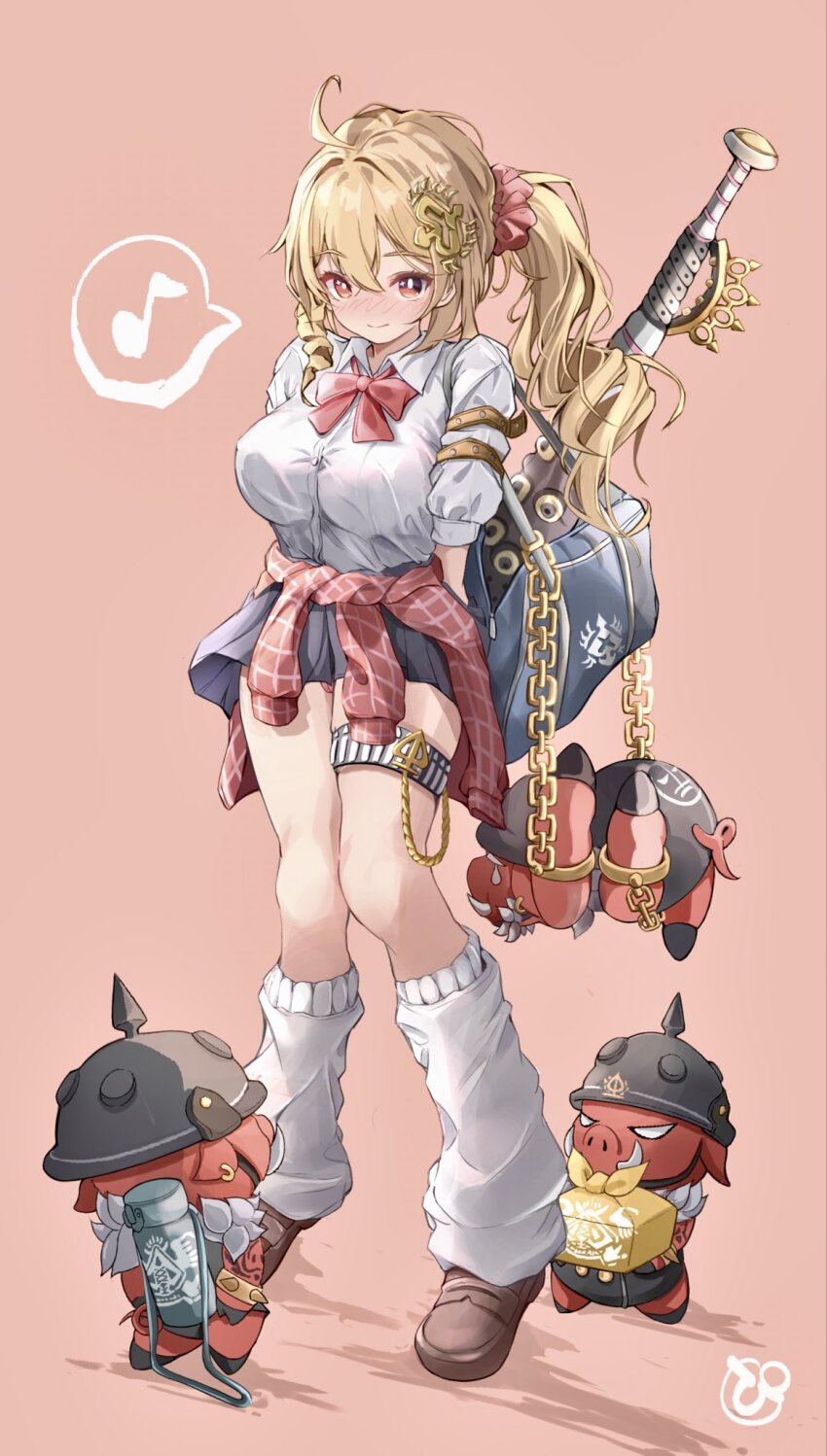 1girl 3others ahoge alternate_breast_size_(larger) arm_belt artist_logo bag baseball_bat black_helmet blank_eyes blonde_hair blue_skirt blush boar breasts brown_shoes chain chest_bow closed_mouth clothes_around_waist colored_skin combat_helmet commentary_request drill_hair drill_sidelocks ear_piercing gold_chain hair_between_eyes hair_ornament hairpin helmet highres leg_warmers logo looking_at_viewer luciana_de_montefio lucy&#039;s_crew_(zenless_zone_zero) metal_baseball_bat multiple_others musical_note orange_eyes pickelhaube piercing pinjirooo pink_background ponytail red_skin school_bag shadow shirt shoes shoulder_bag sidelocks skirt smile spoken_musical_note standing tears thigh_strap white_leg_warmers white_shirt zenless_zone_zero