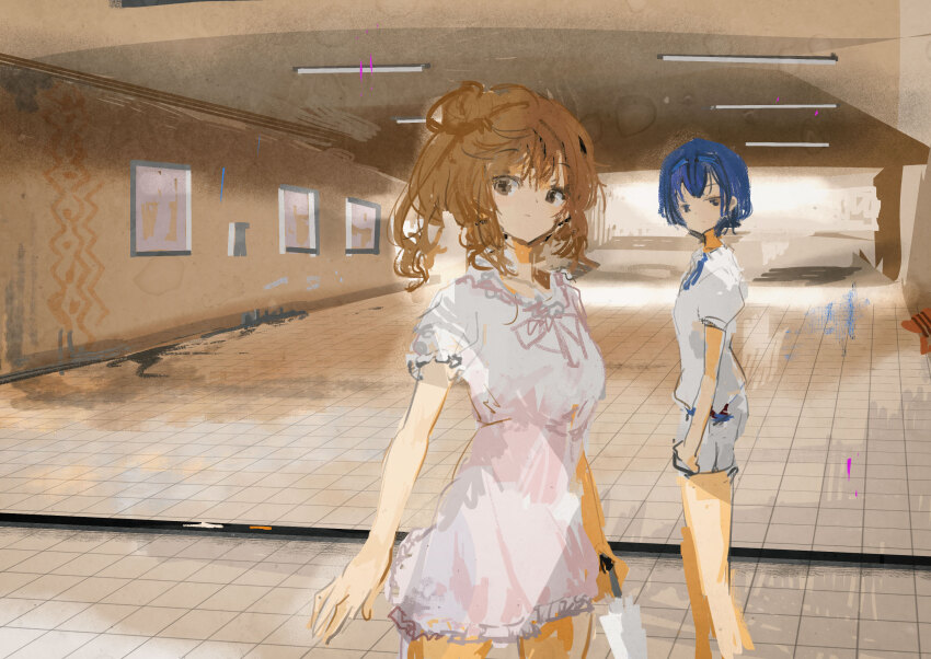 2girls black_eyes blue_hair blue_hairband breasts brown_eyes brown_hair ceiling_light cevio closed_mouth closed_umbrella commentary_request dress feet_out_of_frame hairband hallway highres holding holding_umbrella indoors kabuyama_kaigi large_breasts looking_at_viewer looking_to_the_side medium_hair multiple_girls puffy_short_sleeves puffy_sleeves ramp satou_sasara shirt short_dress short_hair short_sleeves shorts side_ponytail standing suzuki_tsudumi tile_floor tiles umbrella white_dress white_shirt white_shorts
