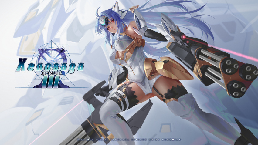 1girl absurdres android blue_hair breasts character_name closed_mouth commentary copyright_name detached_sleeves dress english_commentary forehead_protector garter_straps gatling_gun gun highres holding holding_gun holding_weapon kos-mos kos-mos_ver._4 large_breasts logo long_hair looking_at_viewer nonkhian red_eyes short_dress solo weapon white_dress xenosaga xenosaga_episode_iii