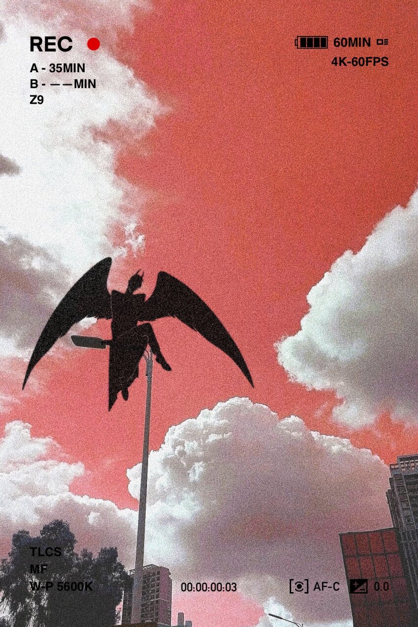 1boy adversarial_noise benkdjjituibot black_coat black_wings building cloud cloudy_sky coat crossed_legs day demon_horns fake_photograph feathered_wings from_below head_tilt highres horns kim_dokja lamppost male_focus official_alternate_costume omniscient_reader&#039;s_viewpoint recording red_sky silhouette sitting sitting_on_object sky skyscraper solo tree wings