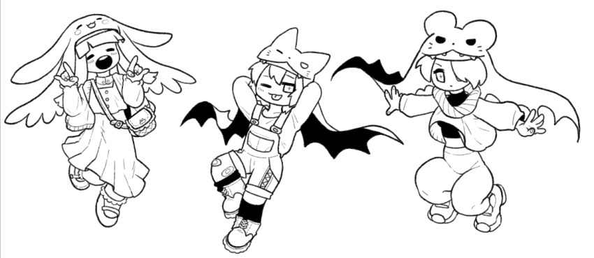 animal_hat cat_hat digimon digimon_(creature) hat monochrome mouse_hat nun rabbit_hat sistermon_blanc sistermon_ciel sistermon_noir