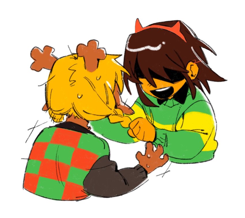 1girl 1other antlers black_shirt blonde_hair braid brown_hair checkered_clothes checkered_vest collared_shirt commentary_request damo_(chara_tfootc) deer_antlers deer_girl deltarune demon_horns fake_horns grabbing_another&#039;s_hair grabbing_another&#039;s_twintails green_sweater hairband highres horn_hairband horns korean_commentary kris_(deltarune) noelle_holiday open_mouth partially_shaded_face red_hairband red_horns shirt short_hair smile striped_clothes striped_sweater sweat sweater twin_braids vest